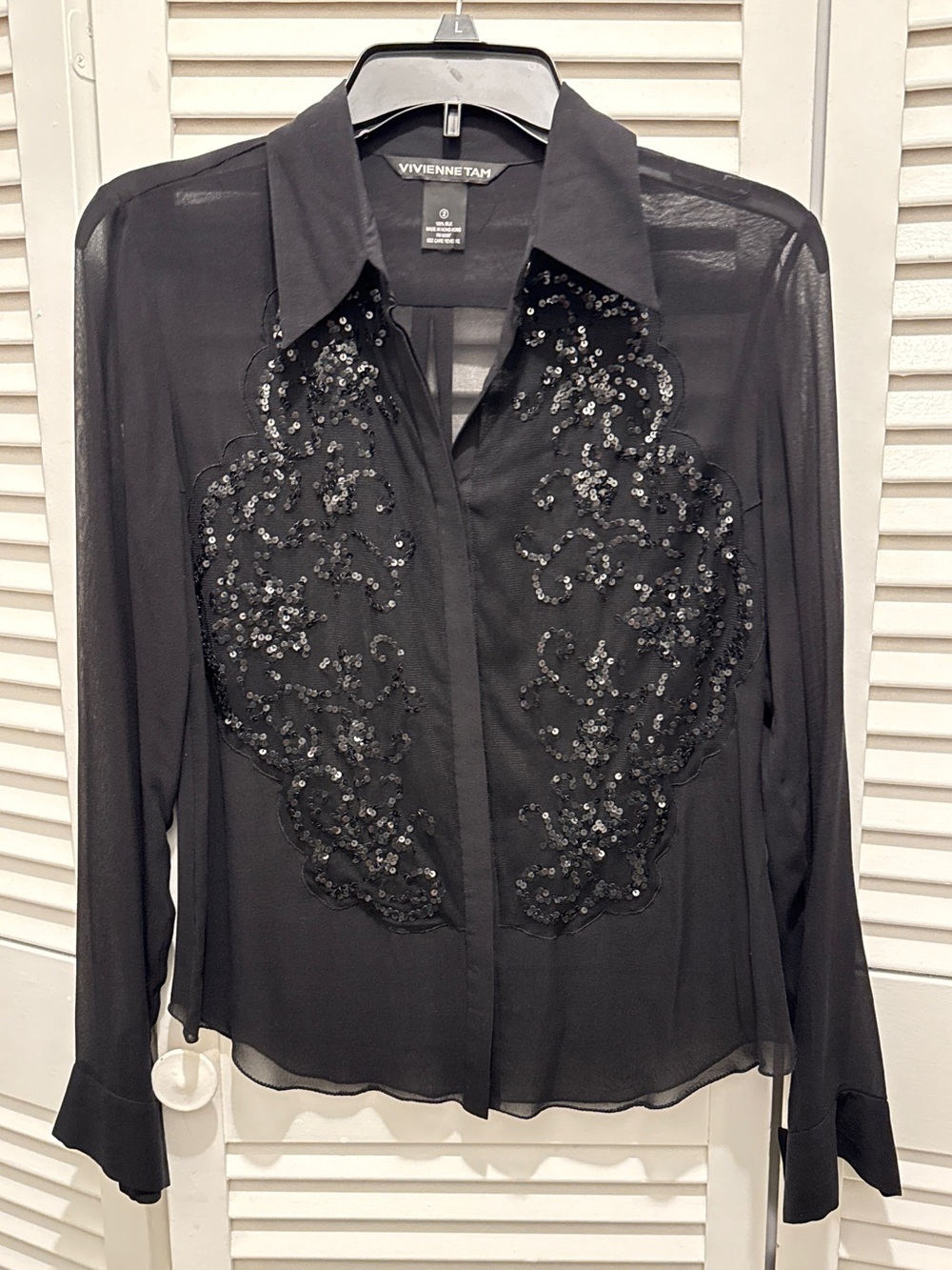 Vivienne Tam Black Sheer Beaded Button-Down Blouse